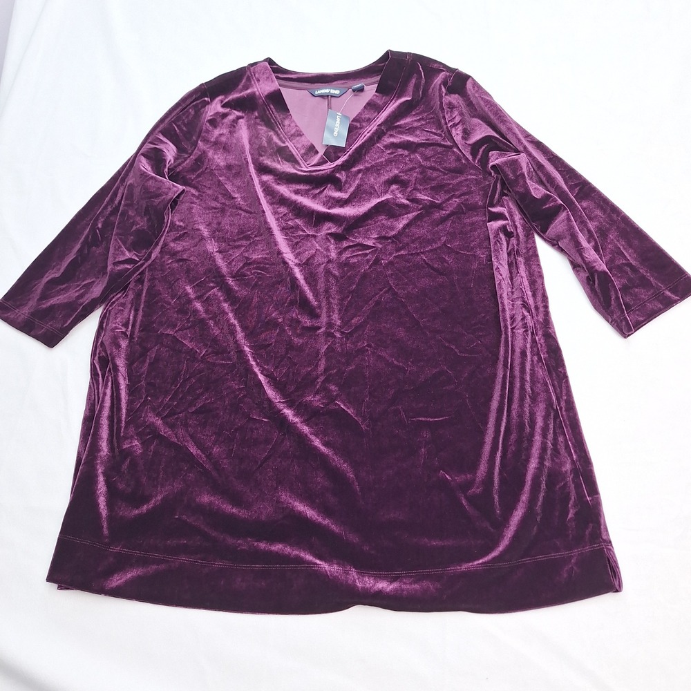 Lands End Top Womens 2X Purple Velvet V Neck Tunic Top‎ Luxe Elegant NWT